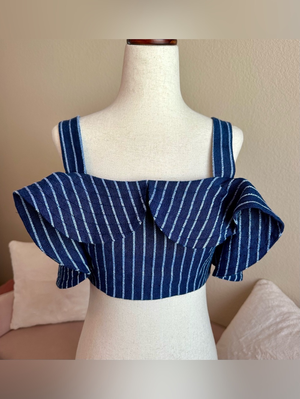 ALEXIS Benta Cropped Top Blue Denim White Pinstripe Ruffle Linen Blend Women’s S